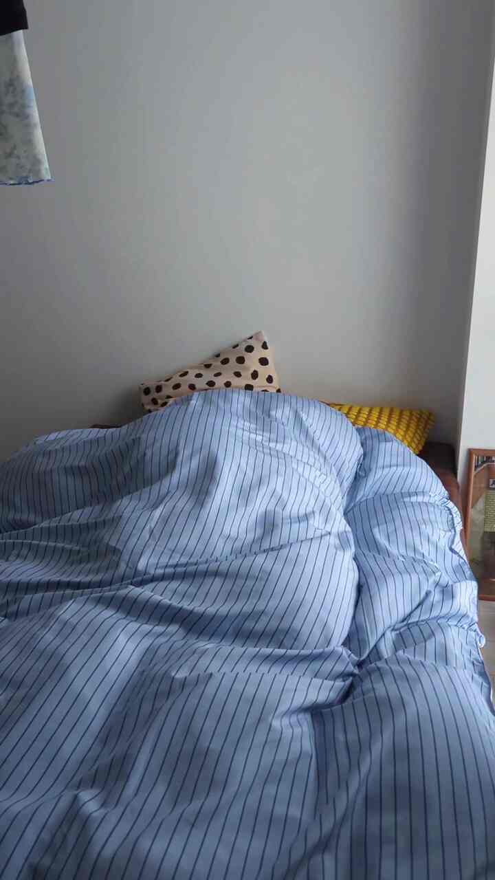 ブルーストライプの掛け布団カバーと二つの枕が配置されたシンプルな寝室