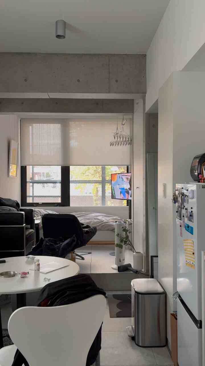 モノトーンの1人暮らし向け1K、ベッドとソファが置かれたコンパクトでモダンなリビング