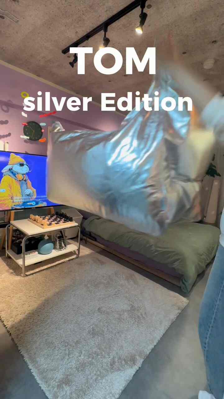 シルバートーンとパープルの壁が印象的な1人暮らし用リビング、トムのビーズソファとソファベッドが配置された雰囲気のあるインテリア