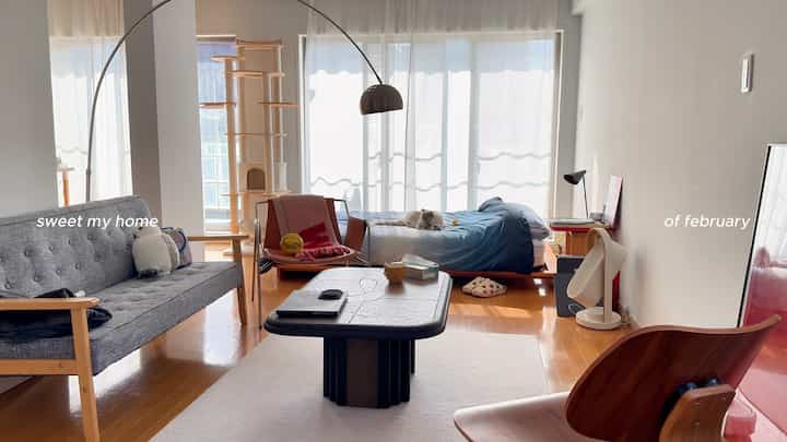 A white and wood tone studio living room featuring sofa, coffee table, and cat tower with a cozy and warm atmosphere
