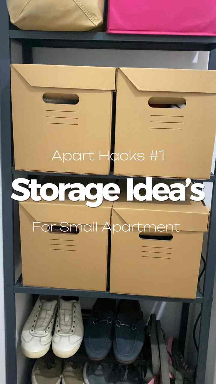 Storage ideas space in a narrow area featuring beige boxes and gray rack