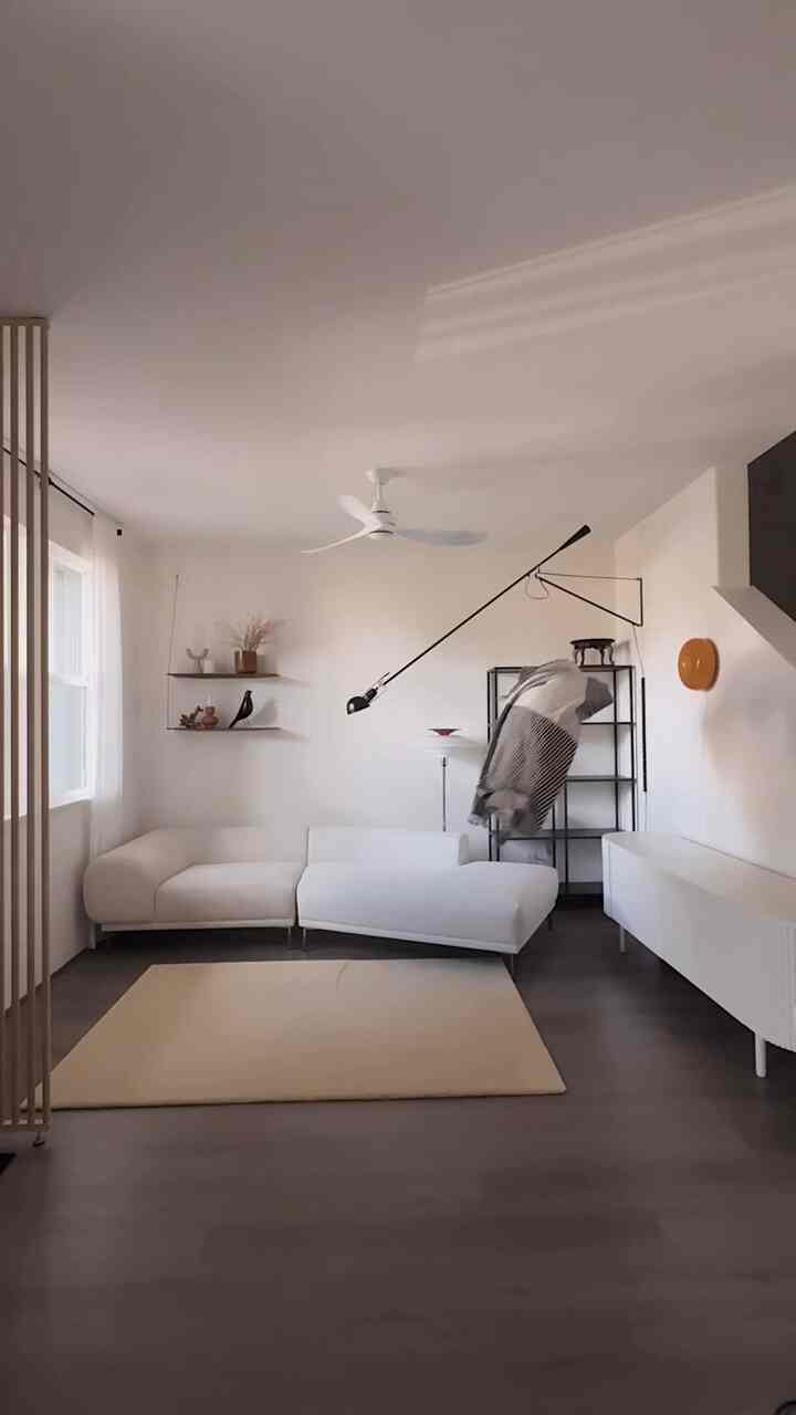 Living room reset with Milo 🐶

#livingroom #livingroominterior #livingroomdecoration #livingroomreset #rug #shelf #ceilingfan #fabricsofa #lightinginterior #lamp #decoration #homedecor #homestyling #dog 