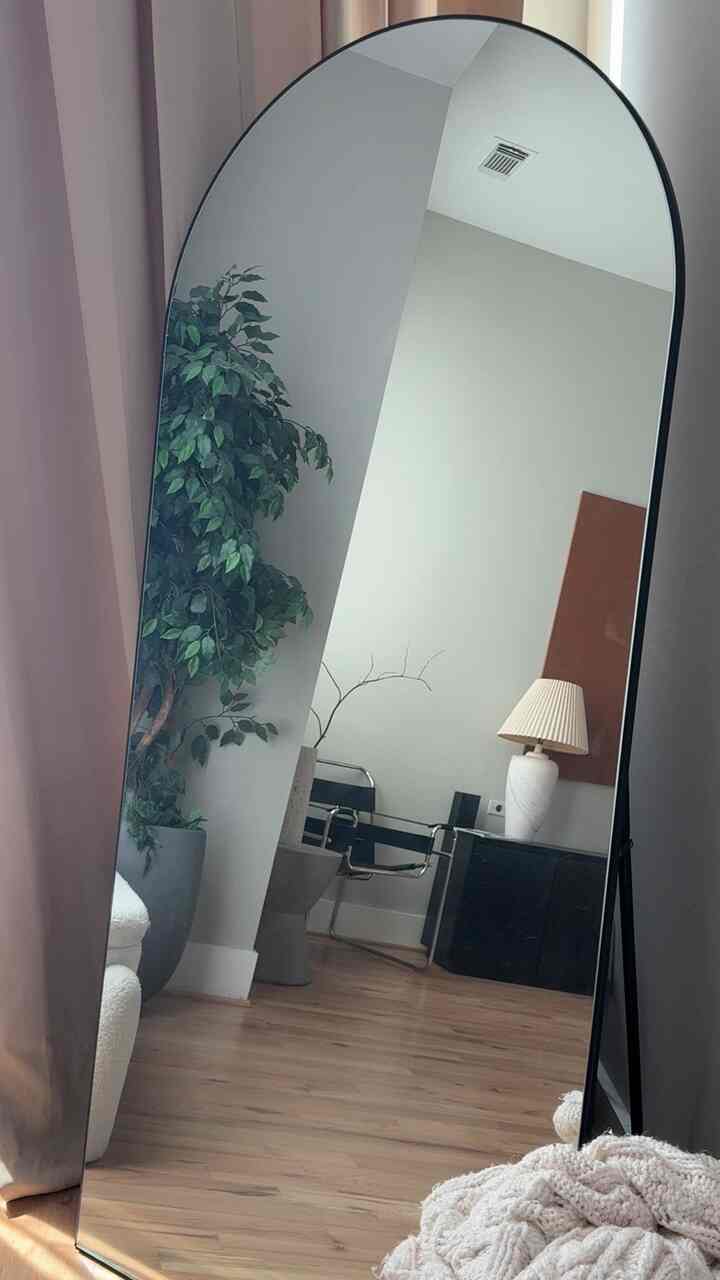 Natural tone living room featuring a large arched mirror, side table with lamp, and green plant in a cozy, simple setting