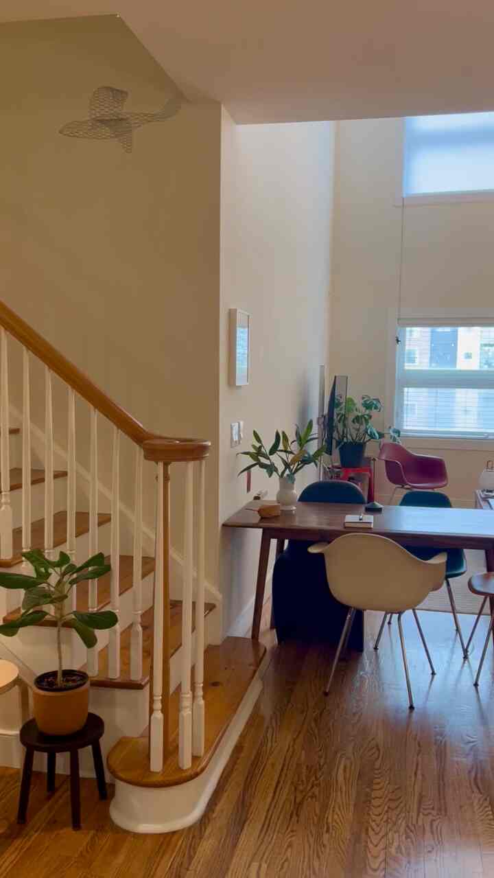 Natural wood tone and white-walled combined living and dining room showcasing spacious open layout