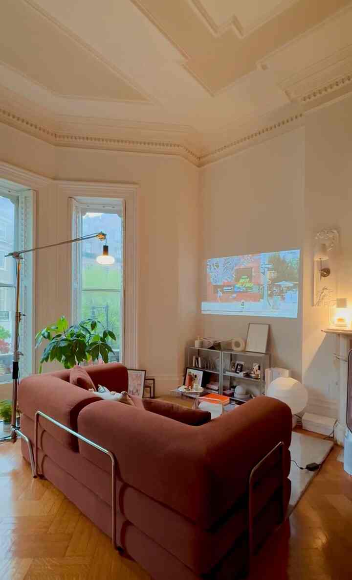 A little playlist for a rainy afternoon #projector instead of a TV for a #smallspace #studiointerior #rainyday #ambientlighting