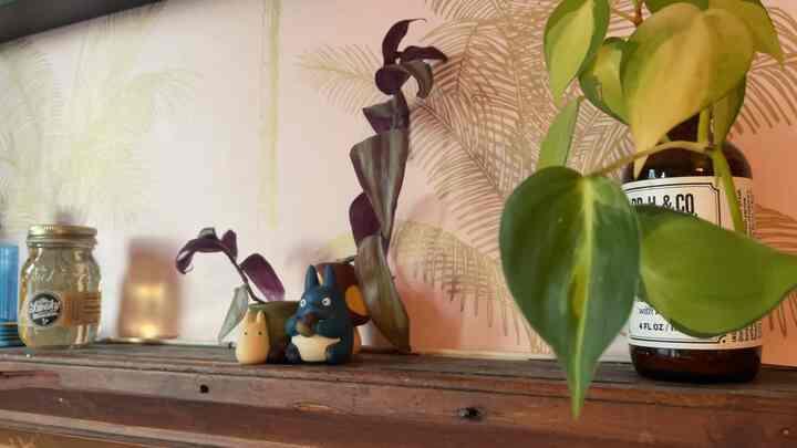 I loved the #charm of this #oldapartment, including these #woodenledges that I used as shelves for more little #totoro figurines and #tinytreasures like mini bottles of liquor that I found adorable! #studioghibli #shelfdecor