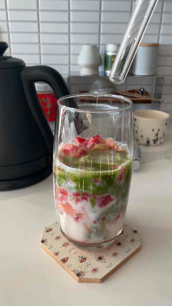 The perfect counter top setup for an afternoon strawberry matcha #drink #kitchencounter #beveragearea 