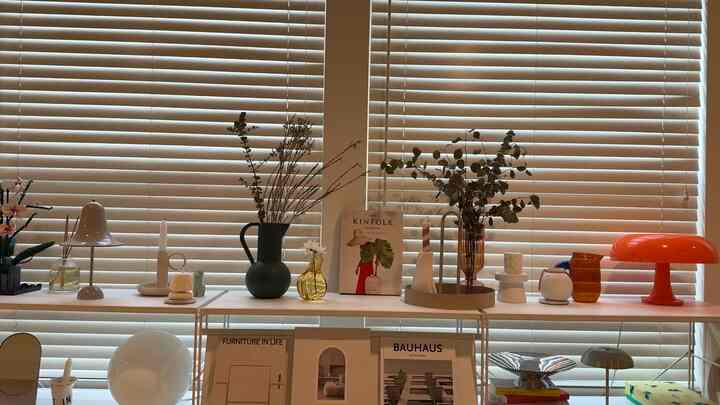 White and orange toned shelving space featuring various plants and table lamps with a modern, natural interior vibe