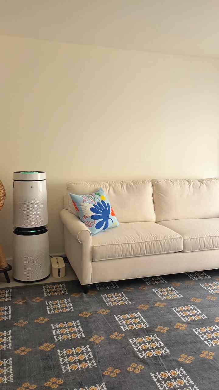 Ivory-toned living room featuring a beige fabric sofa and gray patterned rug with a clean and spacious atmosphere