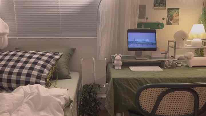 Natural green and gray toned studio bedroom featuring a bed and desk creating a cozy atmosphere