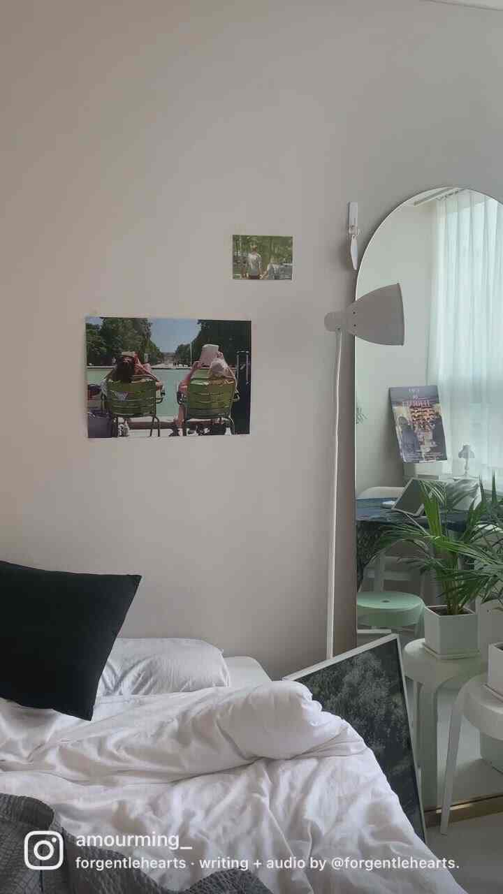 White and black tone studio apartment bedroom featuring posters on wall, floor lamp, large full-length mirror, and indoor plant in cozy setting