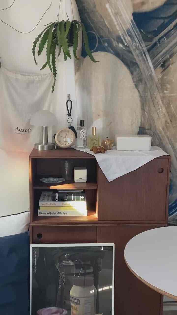Brown-toned studio apartment featuring a modular storage cabinet, table clock, and plant with a cozy, natural atmosphere