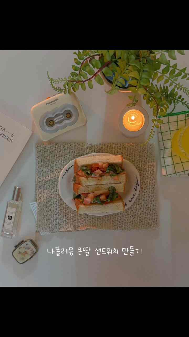 
最近流行のナポレオンの大きな娘サンドイッチを作ってみました🥪

簡単ですが簡単でおいしいです✨

必要なもの。
トマト、バジル、食パン、マヨネーズ、バルサミコ酢、塩、コショウ

作り方。
①トマトをきれいに洗い、中を掘って細かく切る。
②バジルをきれいに洗って細かく切る。
③マヨネーズ、バルサミコ酢、塩、コショウを適当に入れて混ぜる。
④食パン片側にマヨネーズを軽く塗った後、作った材料を入れる。
⑤他の食パンの片側にもマヨネーズを軽く塗ってから覆う。
⑥半切って美味しくおいで！

Tip.
*トマトは側面を切ると中を掘りやすくなります。
*バジルはナイフで切るのではなく、いくつかの手で引き裂くと香りがより生きます。
*私はバルサミコ酢、グレーズの両方があって、両方を入れたところ、より美味しかったです。 
＊ハチミツを入れても美味しいです。

＃かわいいテム
今日の皿。ローパソウル
今日のテーブルマット。 
今日のカップ。プエブコ

＃コンスープ記録集＃ホームカフェ＃ホンバップ＃ワンルーム＃1家具

