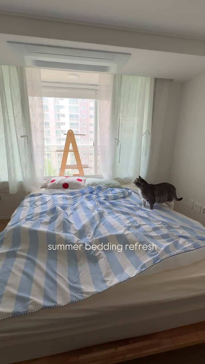 じっとしていても暑い夏≈≈≋°₊ 
我が家は見ただけでも涼しくさっぱり寝具から変えました！ 
きれいでポイントになるデザインにクールなカラーと軽い素材はおまけ❦ 

私たちのカップルが使用するマットレスは 
ハルル終日立って働く私たち夫婦の一日疲れを溶かしてくれるヒョザテムです！ 

 カーテンは空っぽくて余裕のある感じを与えたくて選んでみました🫶🏻 

芽を変えたら涼しい公園にいるようですね ⋆˚🌿˖°

 あなたの夏の寝室はどうですか？ 

 ＃寝具＃寝室の飾り＃寝室のスタイリング＃夏の布団＃夏の寝具＃家の装飾＃ftc26＃ftc26＃定着テム＃カーテン＃カーテンインテリア＃カーテンスタイリング＃お部屋の飾り＃新婚夫婦インテリア#ベディング #ベディングおすすめ #ベディングスタイリング #bedding 